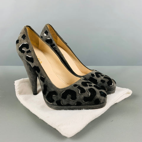 PRADA Size 5 Grey Black Suede Aplique Platform Pumps