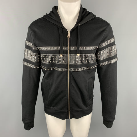 JUST CAVALLI Taille S Veste à capuche en coton noir avec œillets et bordure en cuir