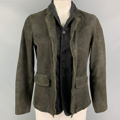 ALLSAINTS Taille L Veste superposée en cuir vieilli gris olive