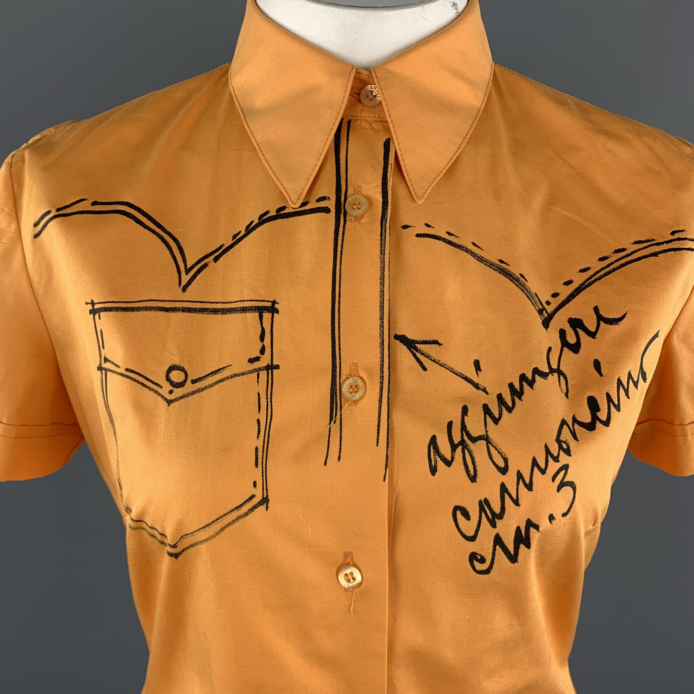 MOSCHINO JEANS Size 12 Orange Cotton Western Sketch Print Shourt Sleeve Blouse