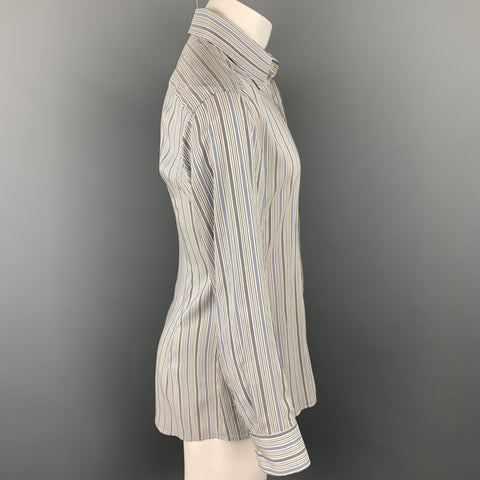 VALENTINO Size M Grey & Blue Stripe Silk Button Up Long Sleeve Shirt