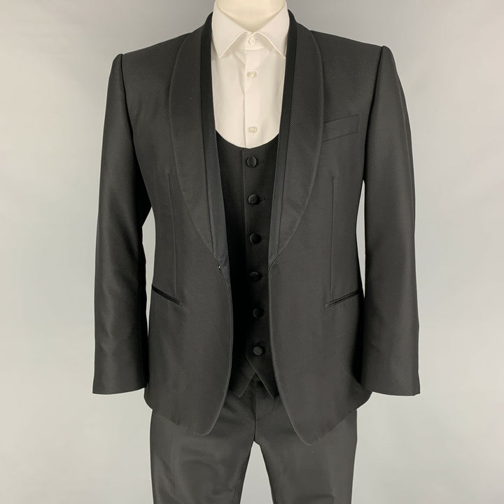 DOLCE & GABBANA Sicilia Size 42 Short Black Woven Wool Shawl Collar Tuxedo 3 Piece Suit