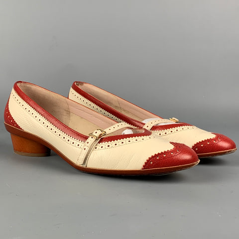 Vintage SALVATORE FERRAGAMO Size 7.5 Red & White Leather Perforated Mary Jane Flats