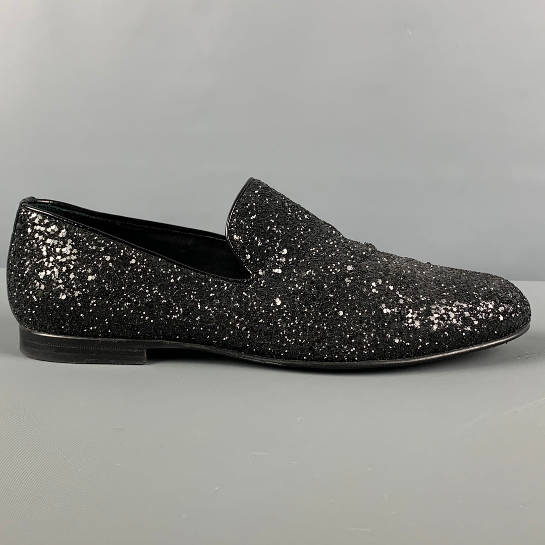 Jimmy Choo Black Glitter Slip-On Loafers JIMMY CHOO Size 11 Velvet Glitter Devore Sloan Black Silver  main image 3