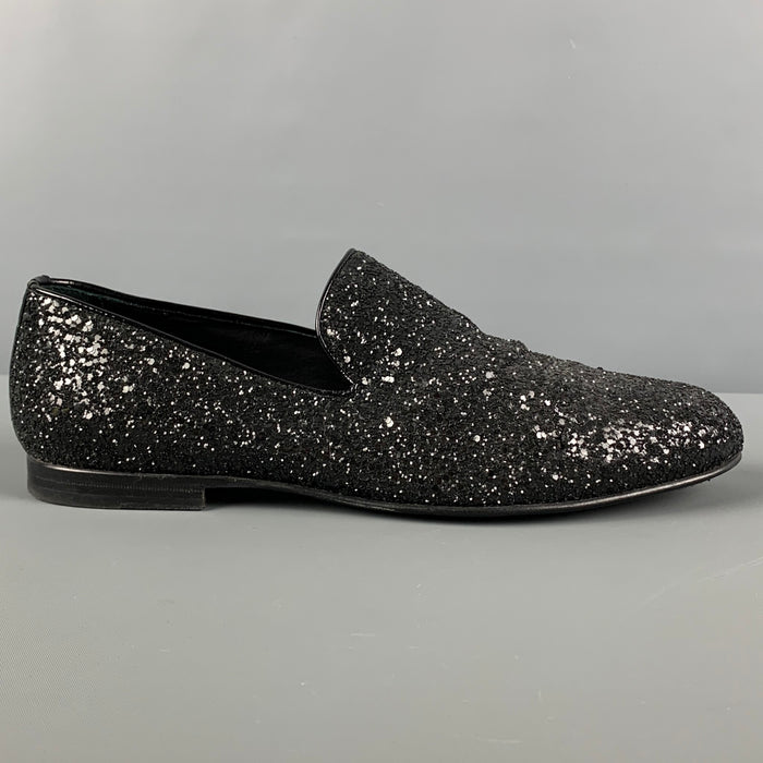 JIMMY CHOO Size 8 Black Glitter Leather Slip On Loafers