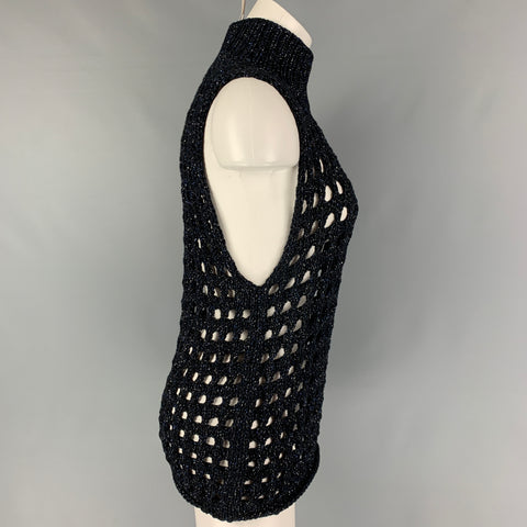 IRO Size M Black Blue Silver Knitted Cotton Blend Mock Neck Vest
