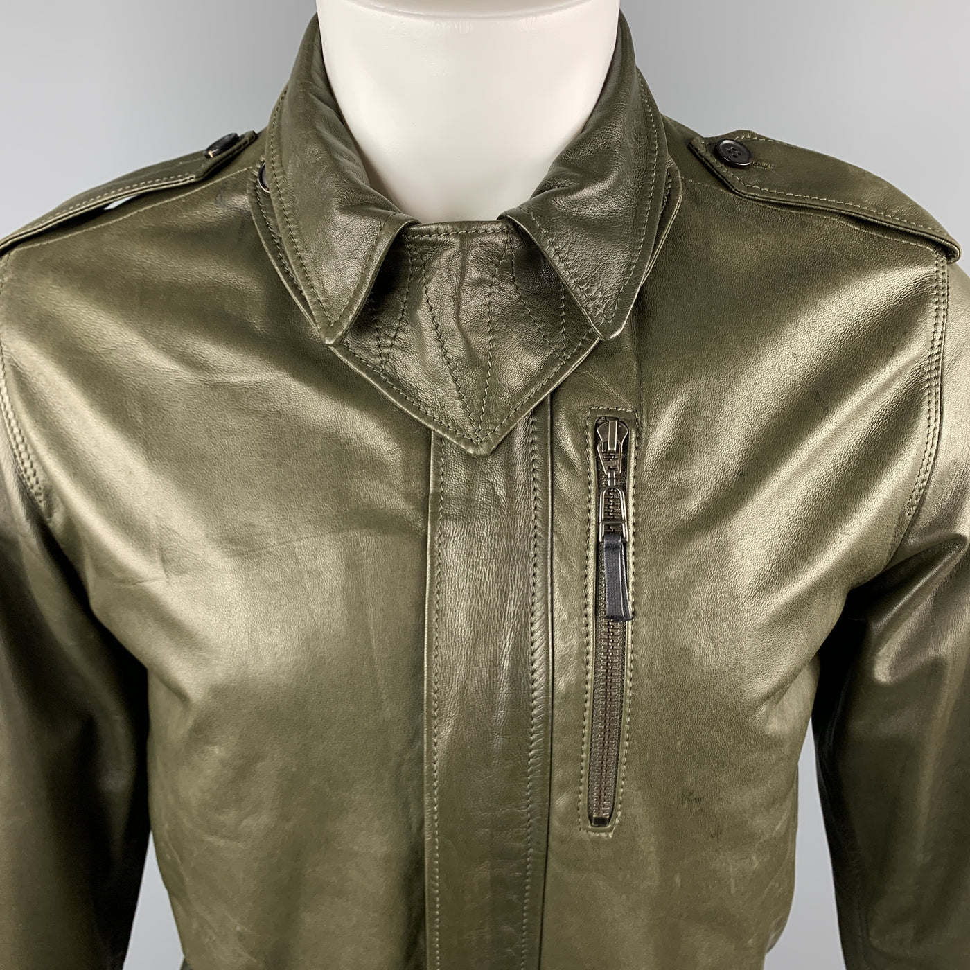 KRIS VAN ASSCHE Size S Olive Leather Pleated Zip Up Jacket