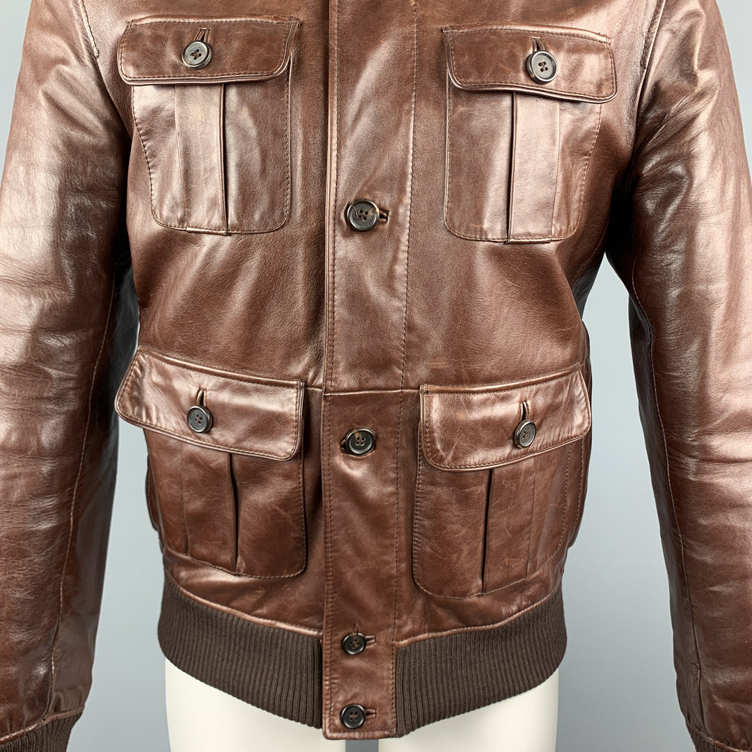 PRADA Chest Size 40 Brown Leather High Collar Epaullettes Zip & Buttons Patch Pockets Jacket