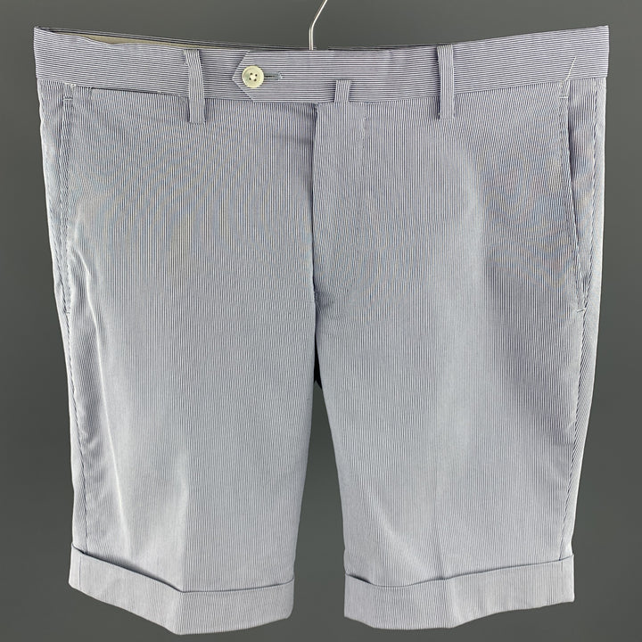 BARNEYS Talla 30 Pantalones cortos con bragueta y cremallera en mezcla de algodón seersucker azul marino y blanco