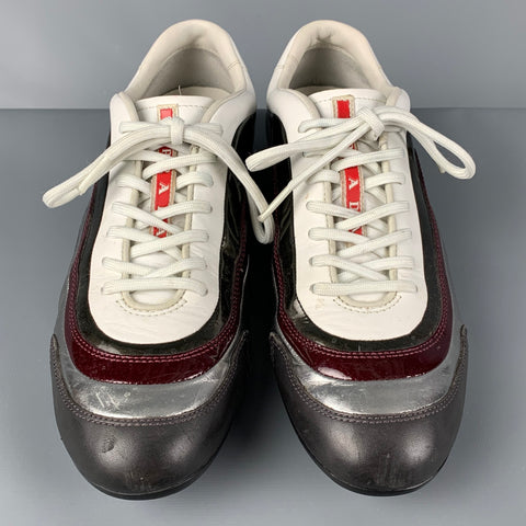 PRADA Size 7.5 Olive White Silver Color Block Lace Up Sneakers