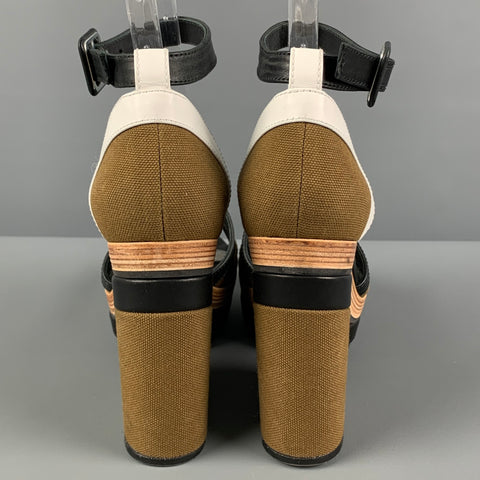 PIERRE HARDY Size 7 Black Olive Canvas Color Block Chunky Heel Sandals
