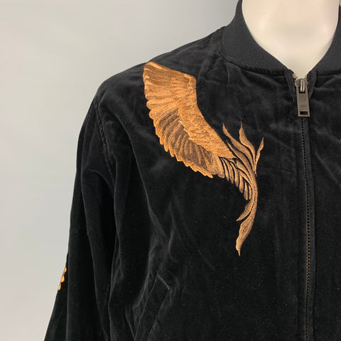 CHRISTIAN DADA FW19 Size 40 Black Copper Feather Embroidery Cotton Velvet Bomber Jacket