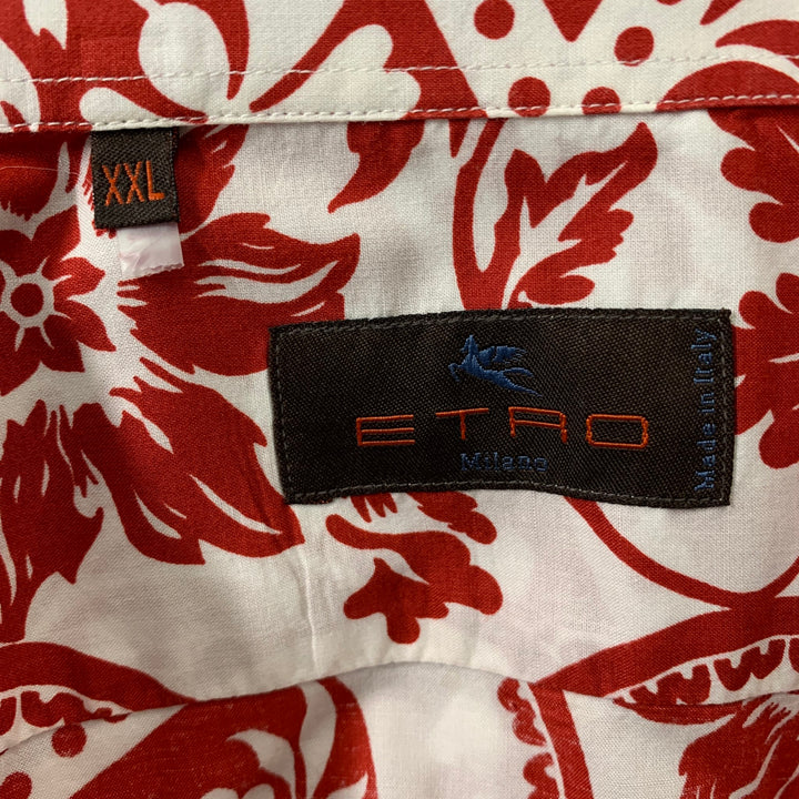 ETRO Size XXL Red White Print Cotton Button Up Long Sleeve Shirt