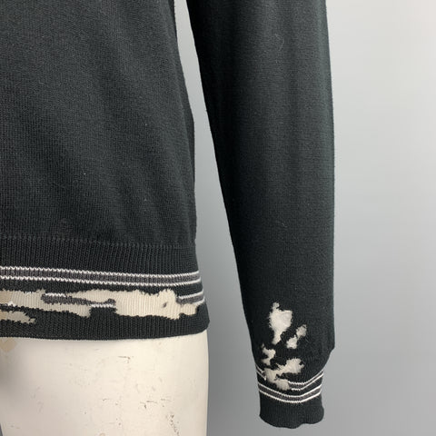 MAISON MARGIELA Size L Black Distressed Cotton Blend Contrast Stripe Trim Pullover Sweater