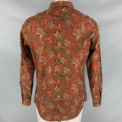 BURBERRY PRORSUM Fall 2008 Size L Brown & Black Leaf Print Cotton Button Down Long Sleeve Shirt