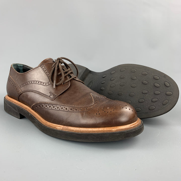 TOD'S Size 10.5 Brown Perforated Wingtip Leather Lace Up Shoes