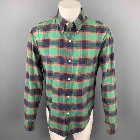 BAND OF OUTSIDERS Size L Green & Navy Plaid Cotton Button Down Long Sleeve Shirt
