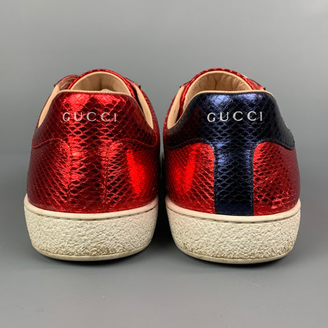 GUCCI Size 10.5 Red & Blue Metallic Snakeskin Low Top Ace Sneakers