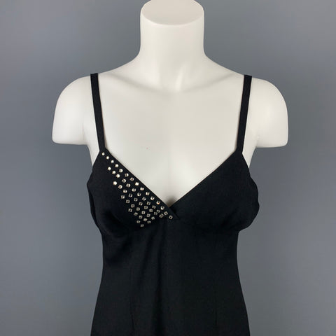 SONIA RYKIEL Size 6 Black Rhinestone Acetate / Viscose Spaghetti Strap Cocktail Dress