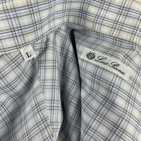 LORO PIANA Size L White & Light Blue Plaid Cotton Long Sleeve Shirt