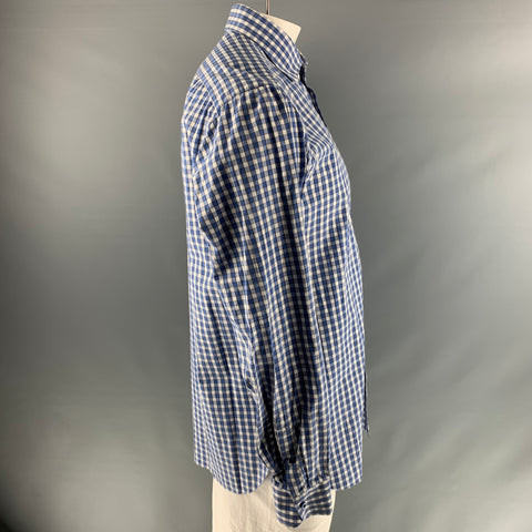 ISAIA Size XL Blue White Checkered Cotton Long Sleeve Shirt