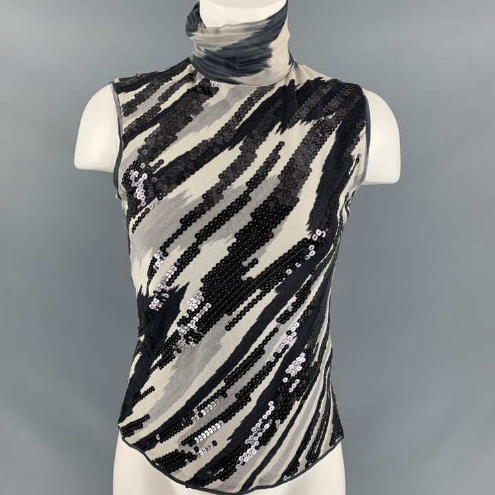 MISSONI Size 6 Black Grey Silk Sequined Turtleneck Dress Top
