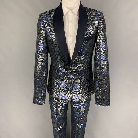MARCELL VON BERLIN Size 40 Black Silver Blue Metallic Shawl Collar Suit