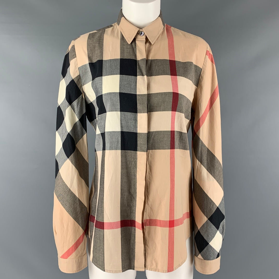 BURBERRY BRIT Size M Beige Multi-Color Cotton Plaid Long Sleeve Casual Top   Sui Generis Designer Consignment