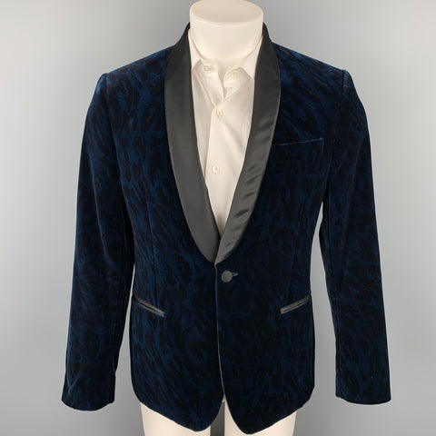 VERSACE COLLECTION Size 38 Navy & Black Animal Print Velvet Shaw Lapel Sport Coat