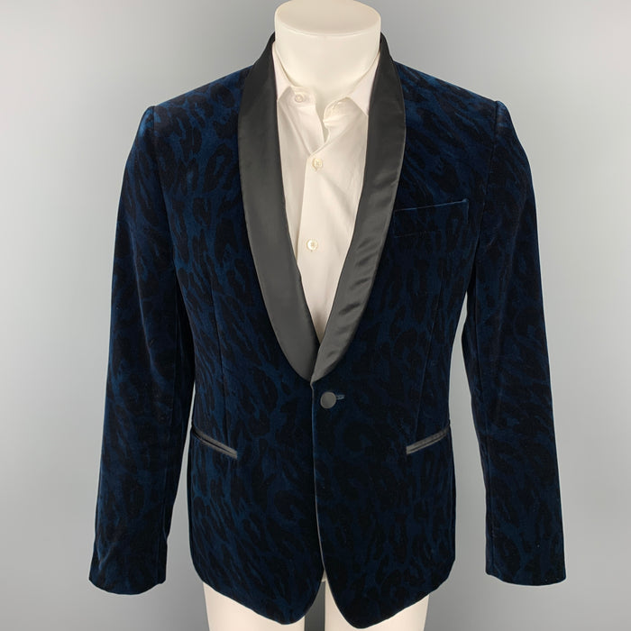 VERSACE COLLECTION Size 38 Navy & Black Animal Print Velvet Shaw Lapel Sport Coat