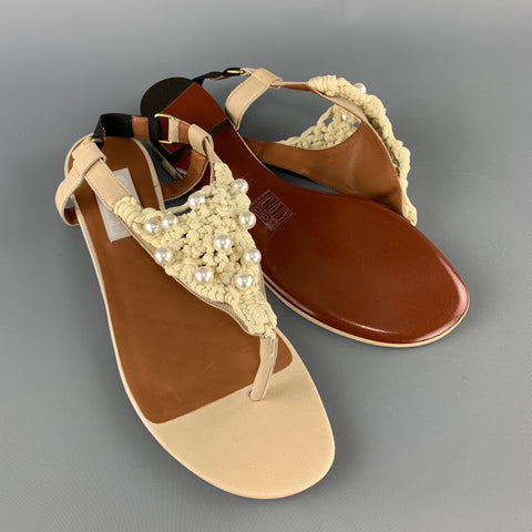 LANVIN Size 10 Beige Leather Faux Pearl Crochet Thong Sandals