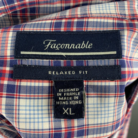 FACONNABLE Size XL White Blue & Red Checkered Cotton Long Sleeve Shirt
