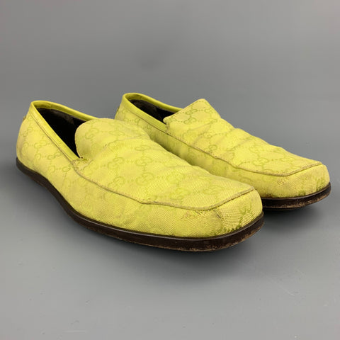 GUCCI Size 11 Lime Green Monogram Canvas Drivers Loafers