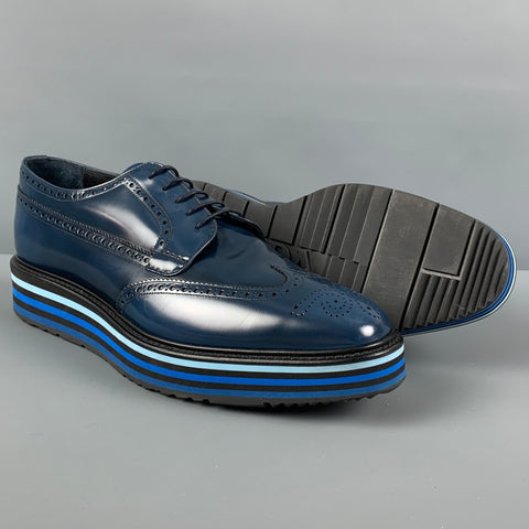 PRADA Size 10 Blue Black Perforated Leather Platform Lace Up Shoes