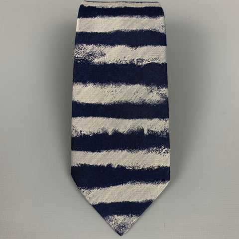 ALEXANDER MCQUEEN Navy & Grey Cotton / Silk Stripe Narrow Tie