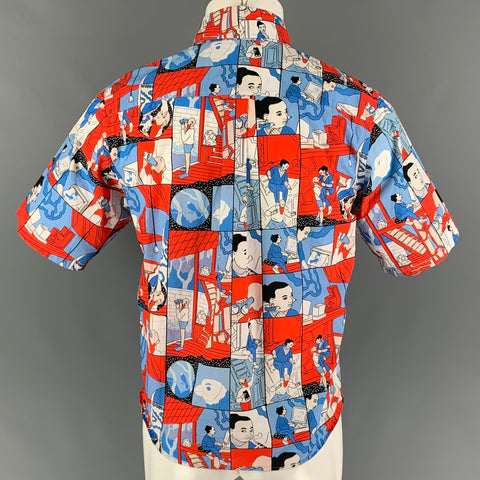 PRADA SS 18 Comic Collection Size S Red Blue Graphic Cotton Short Sleeve Shirt