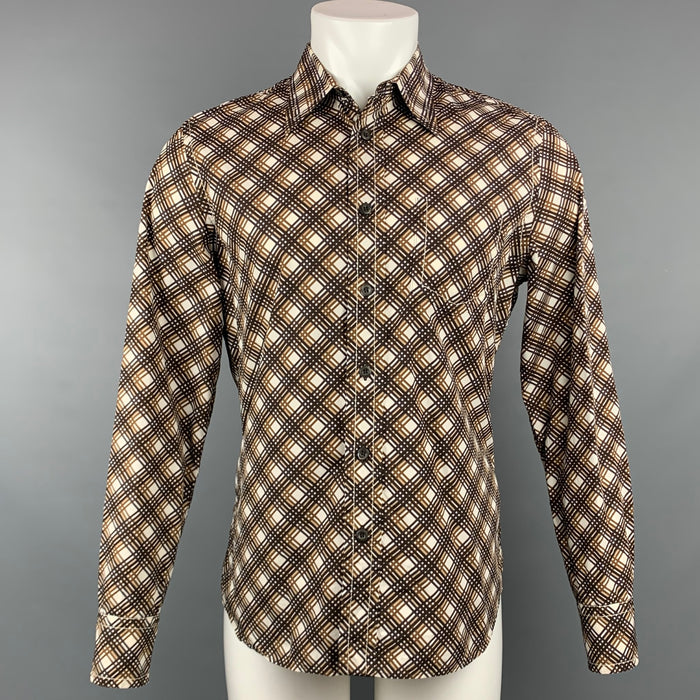 PRADA Size M Brown & White Plaid Cotton Button Up Long Sleeve Shirt