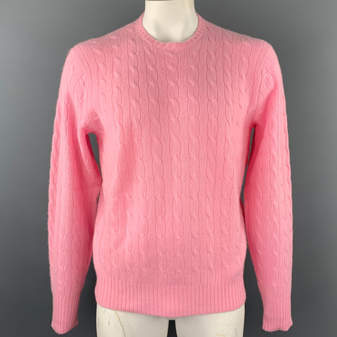 RALPH LAUREN Size L Pink Cable Knit Cashmere Crew-Neck Sweater