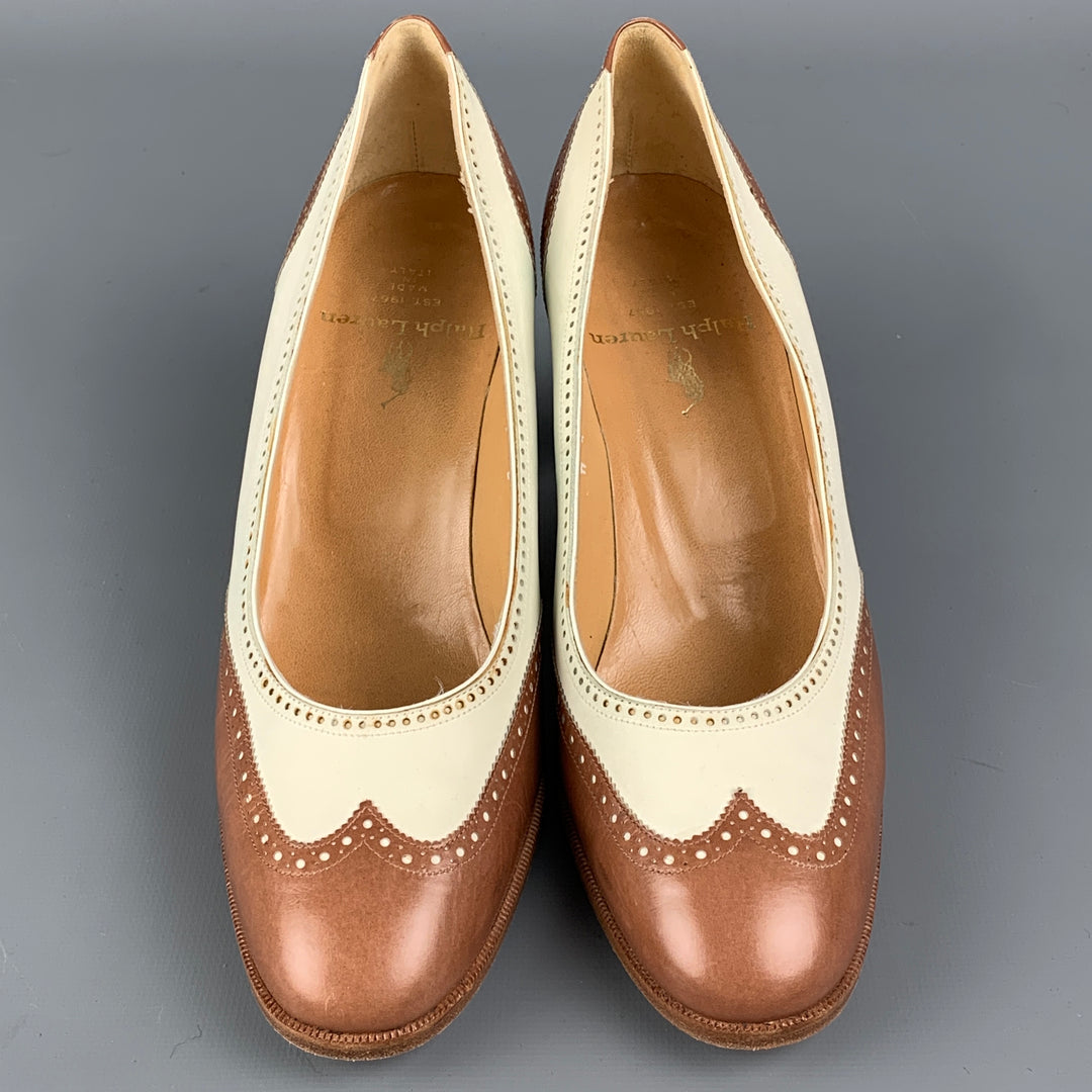 Vintage RALPH LAUREN Size 7 Tan & Cream Leather Perforated Pumps