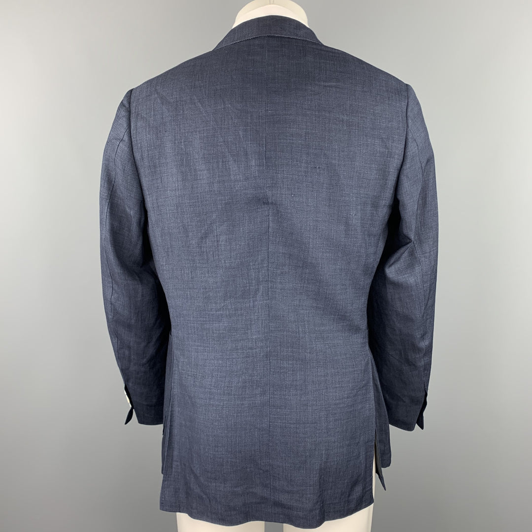 CANALI Taille 40 Manteau de sport en mélange de lin tissé bleu marine à revers