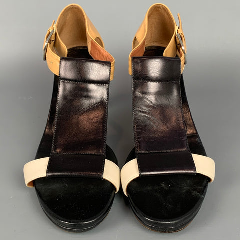 DRIES VAN NOTEN Size 8.5 Black & Tan Leather Color Block Sandals