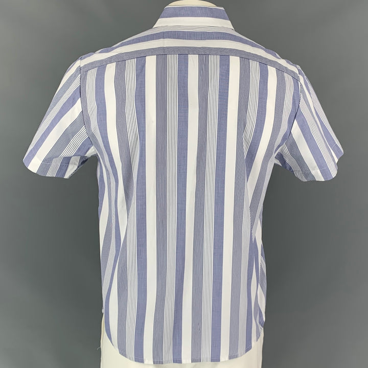 DRIES VAN NOTEN Size 42 Blue & White Stripe Short Sleeve Shirt