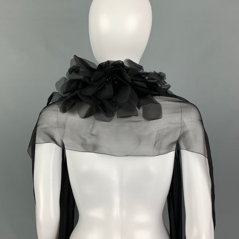 CHANEL Black Silk Large Floral Applique Rhinestone Scarf