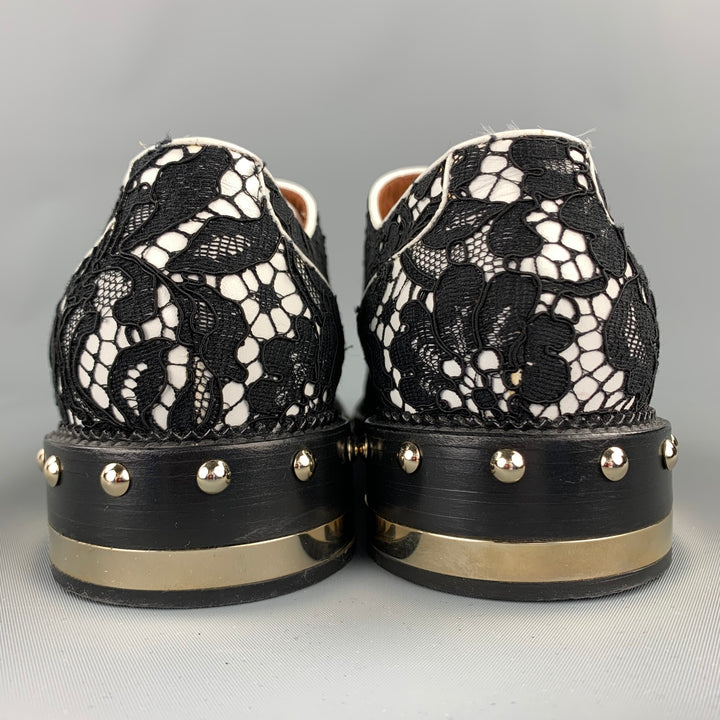 GIVENCHY Nika Size 7.5 Black & White Lace Leather Studded Lace Up Shoes