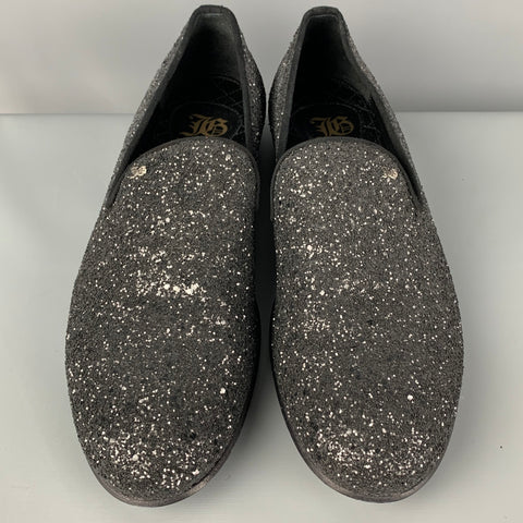 JOHN GALLIANO Size 13 Black Silver Glitter Suede Slip On Loafers