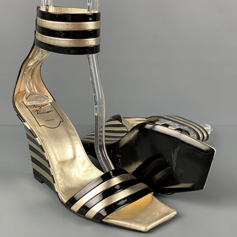 ROGER VIVIER Size 7.5 Black Gold Stripe Patent Leather Wedge Sandals