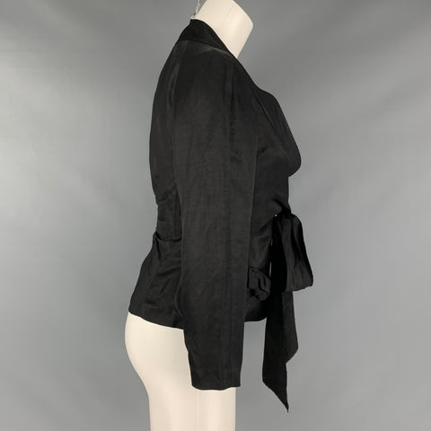 DONNA KARAN Size 8 Black Linen Viscose Tied Front Jacket  Blazer