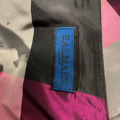 BALMAIN Size 6 Pink, Purple, Black & Grey Silk Checkered Pleated Long Skirt
