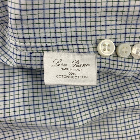 LORO PIANA Size L White & Blue Window Pane Cotton Button Down Long Sleeve Shirt