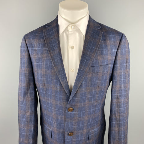 TOMMY HILFIGER Size 40 Navy & Brown Plaid Linen Notch Lapel Sport Coat